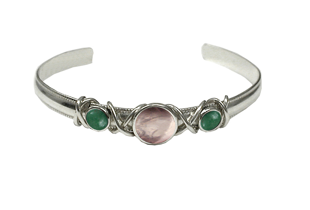Sterling Silver Hand Made Cuff Bracelet With Rose Quartz And Jade